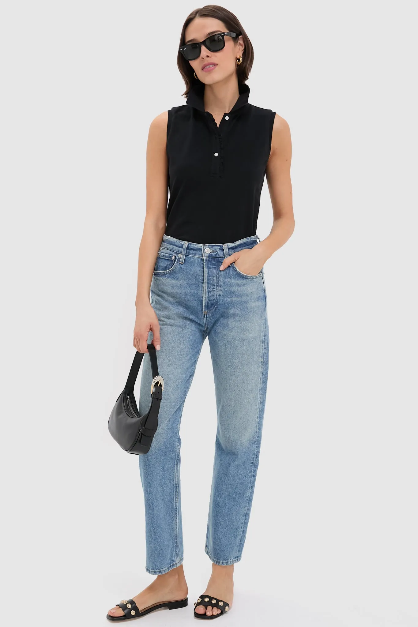 Black Pique Sleeveless Ruffle Margaret Polo