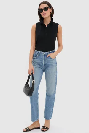 Black Pique Sleeveless Ruffle Margaret Polo