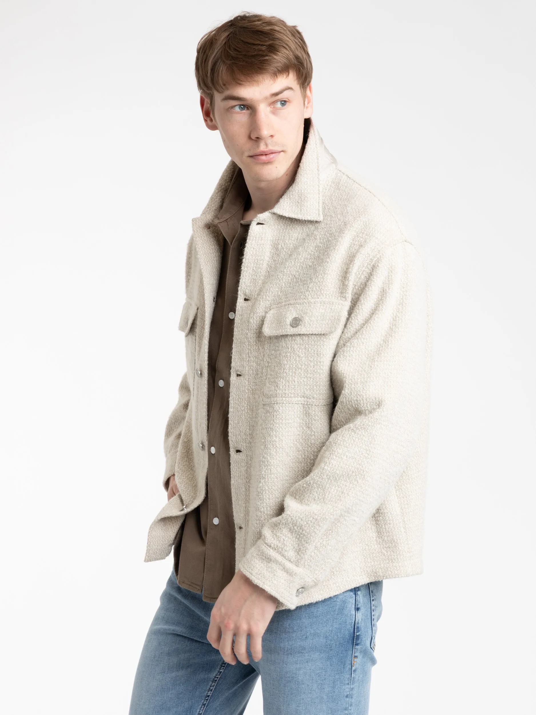 Cream Tweed Overshirt Jacket in Dove Tweed