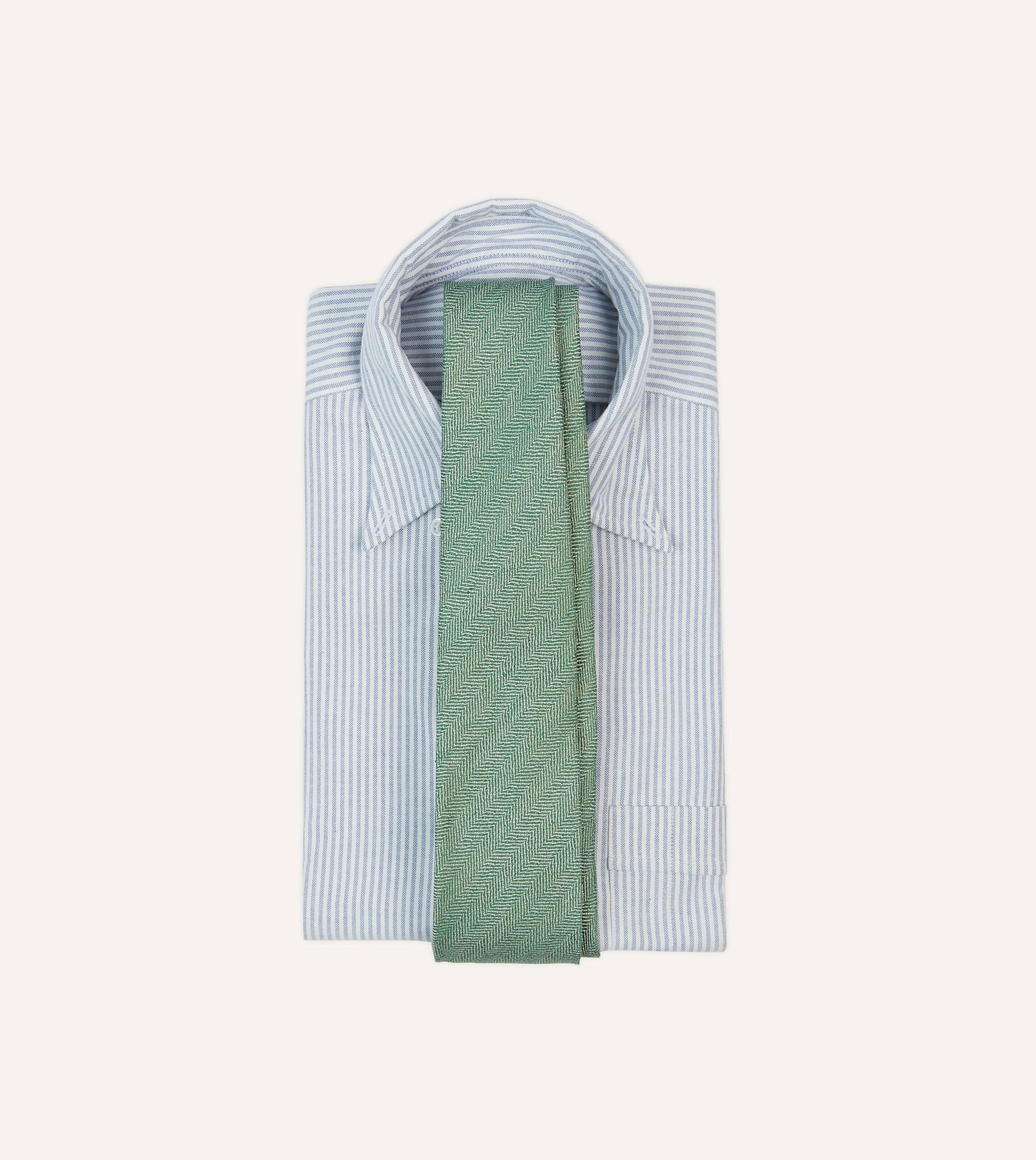 Green and Ecru Herringbone Linen Silk Tipped Tie