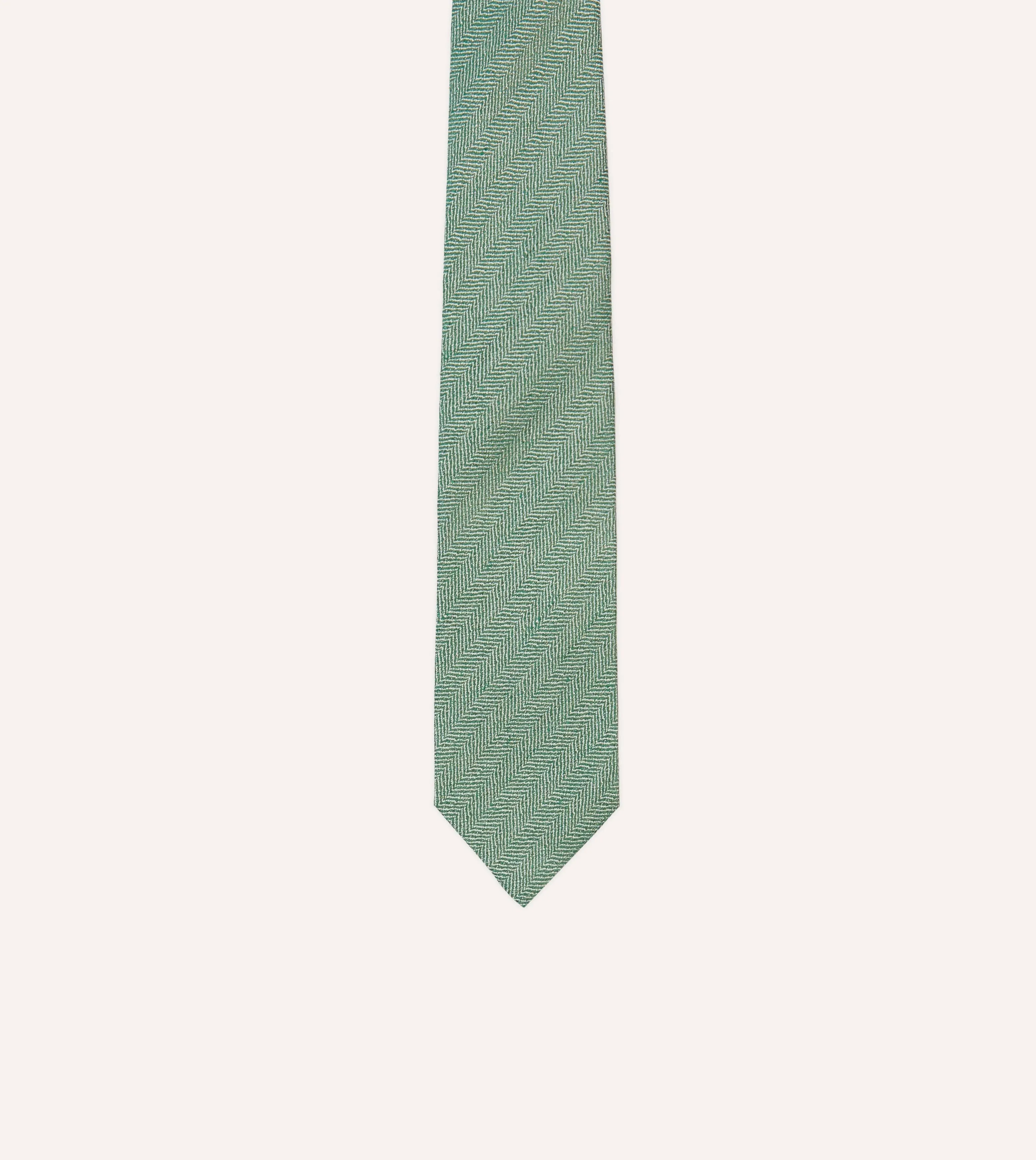 Green and Ecru Herringbone Linen Silk Tipped Tie
