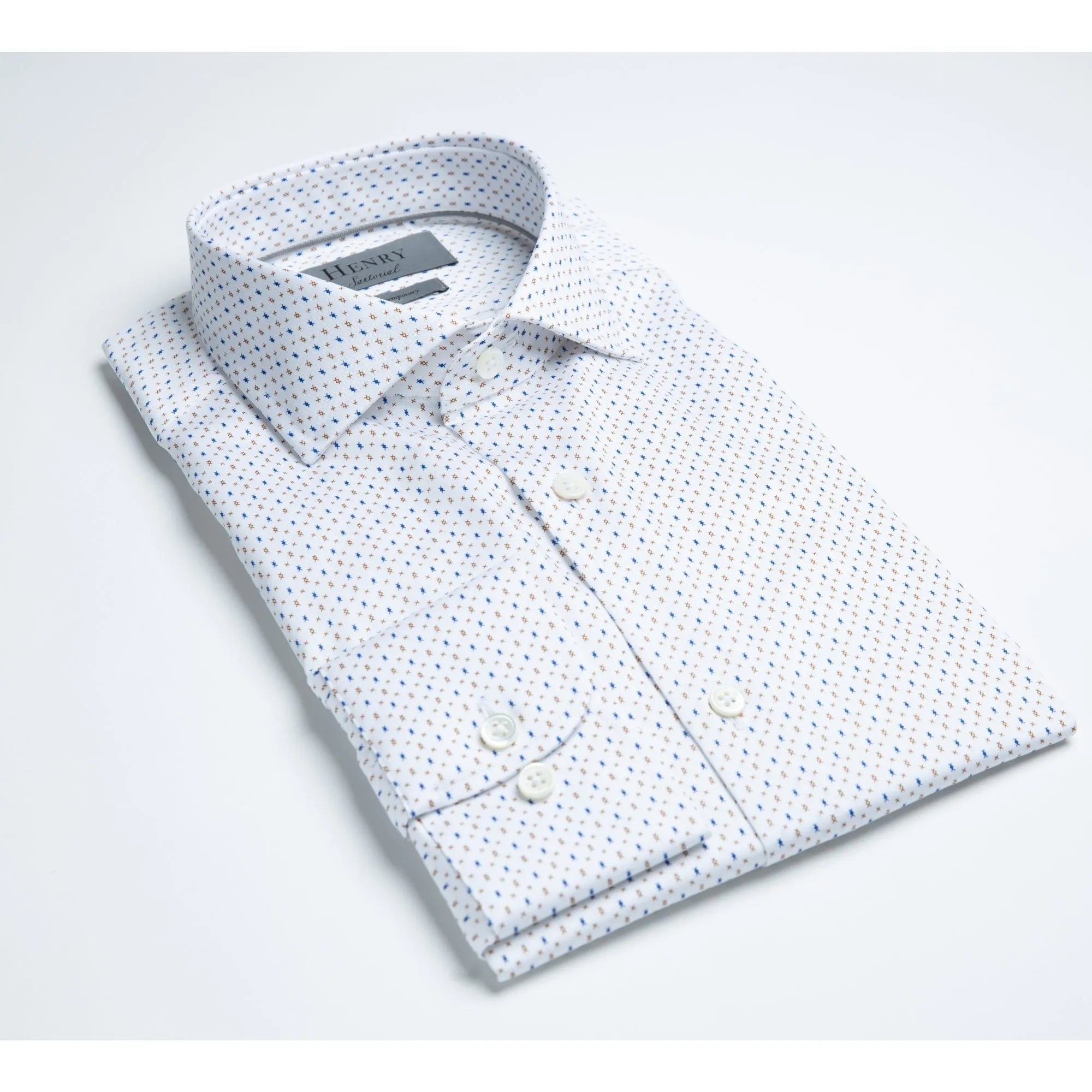 Henry Sartorial Diamond Print Cotton Shirt White/Tan