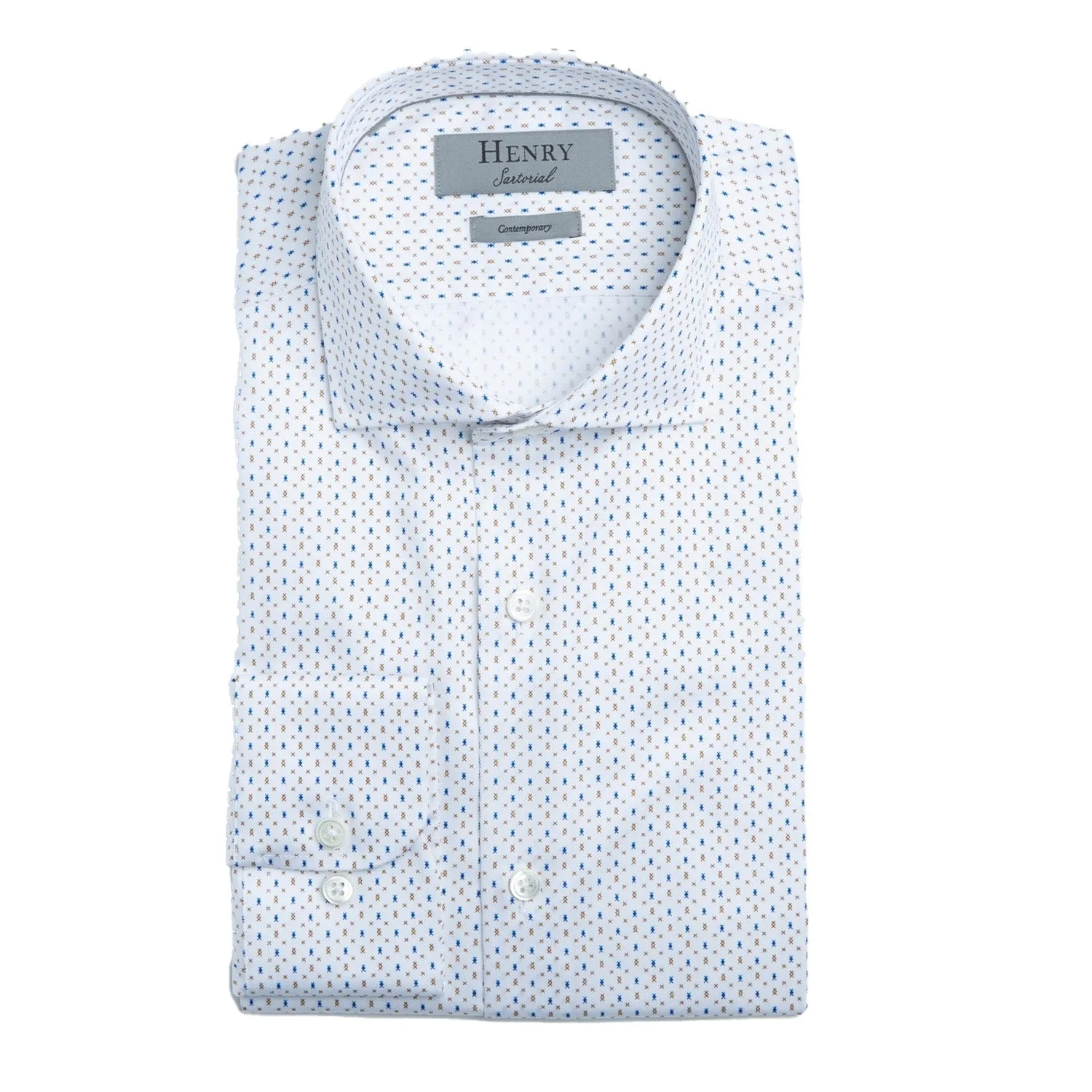 Henry Sartorial Diamond Print Cotton Shirt White/Tan