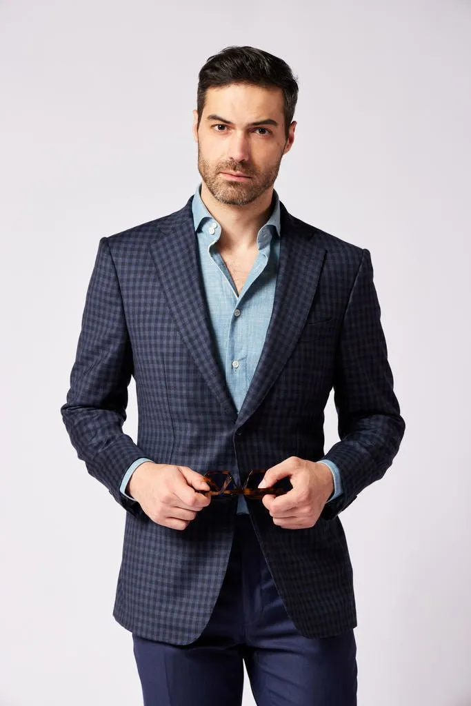 HENRY SARTORIAL X DORMEUIL Full Canvas Check  Wool Jacket NAVY MULTI REG