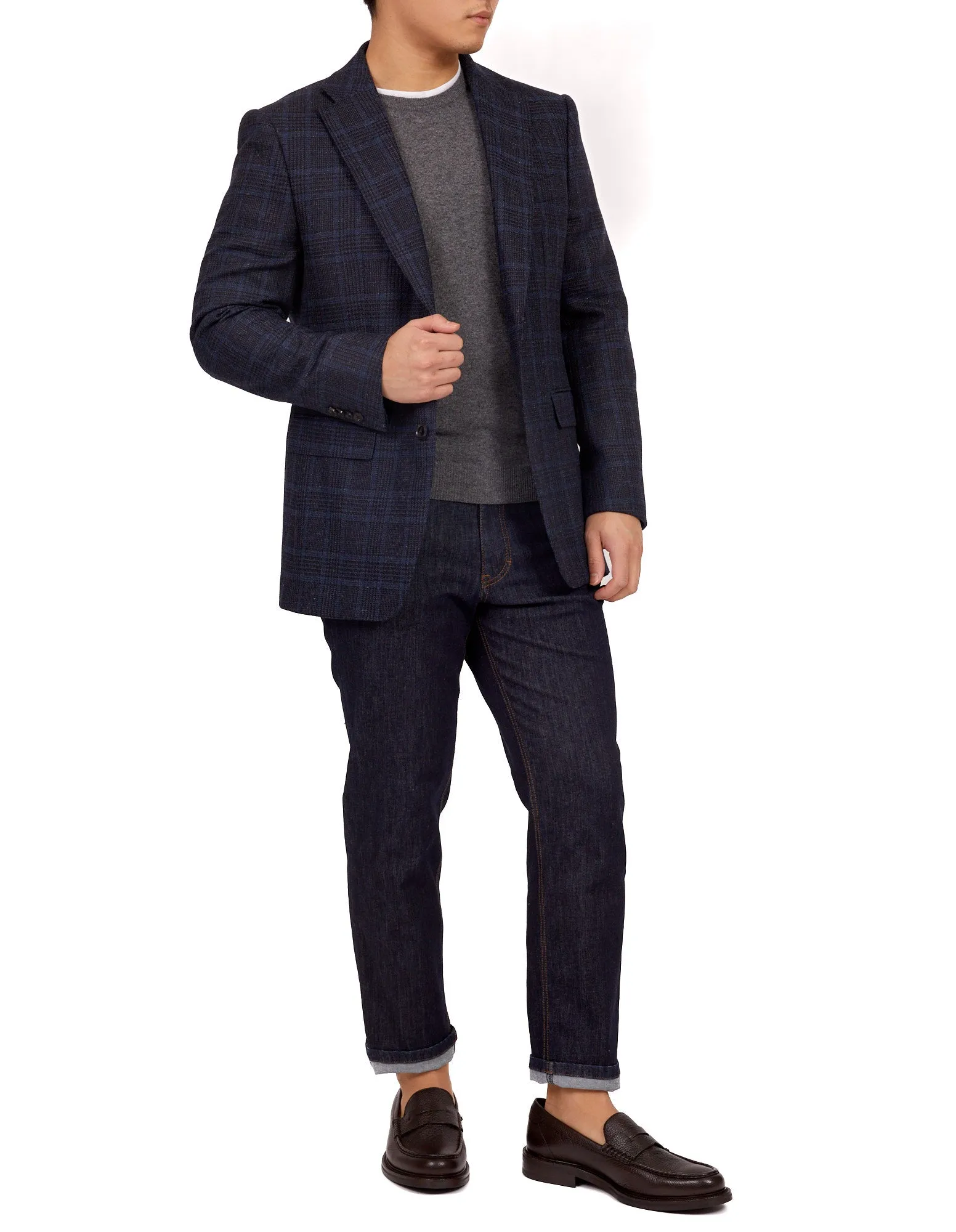 HENRY SARTORIAL X DORMEUIL Full Canvas Fancy Check Wool Jacket NAVY REG