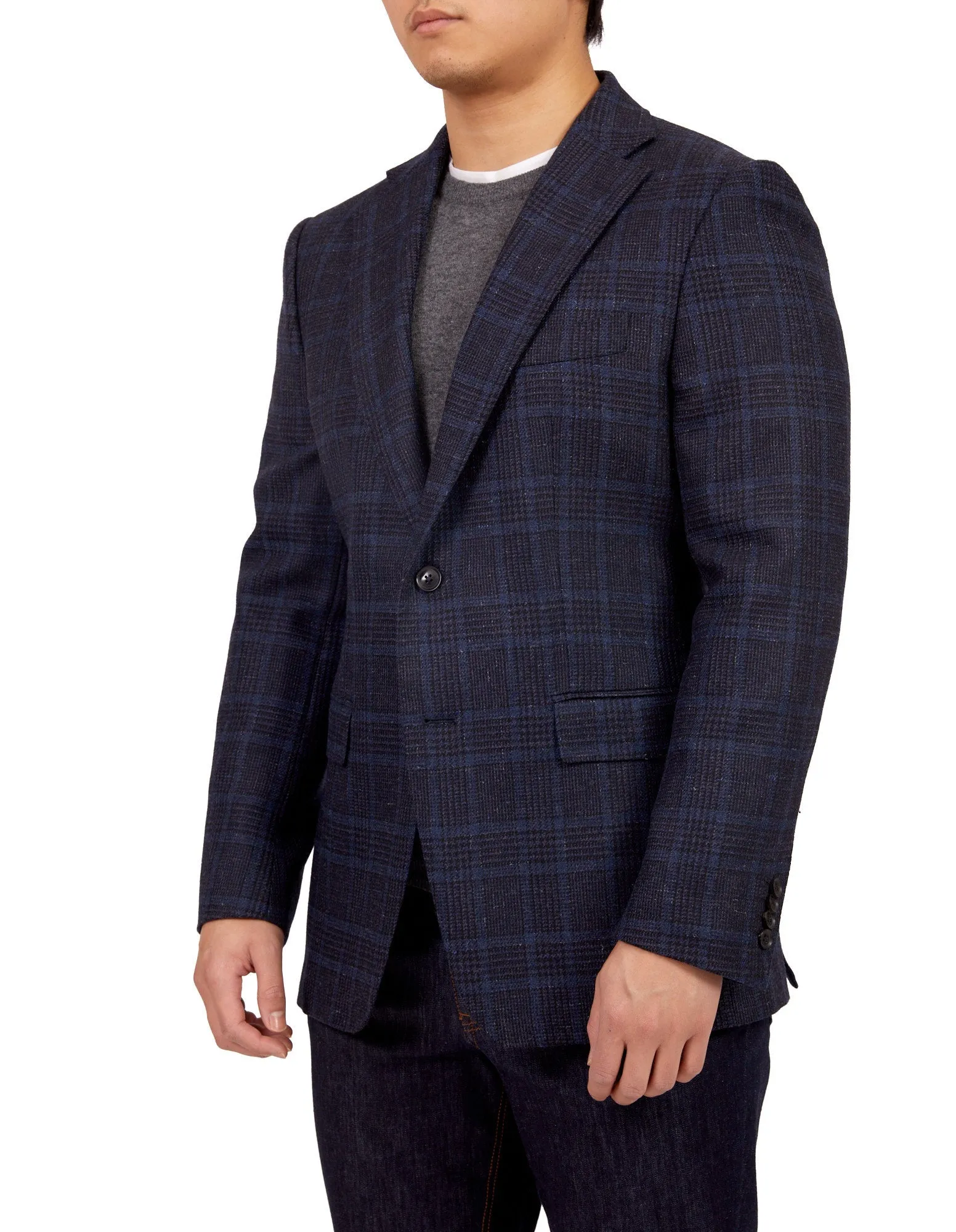 HENRY SARTORIAL X DORMEUIL Full Canvas Fancy Check Wool Jacket NAVY REG